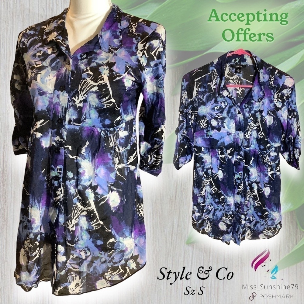 Style & Co - Sz S - 100% nylon 3/4 arm button up top floral pattern transparent